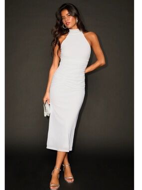 Lulus Audra White Mesh Mock Neck Bodycon Ruched Cutout Midi Dress XL